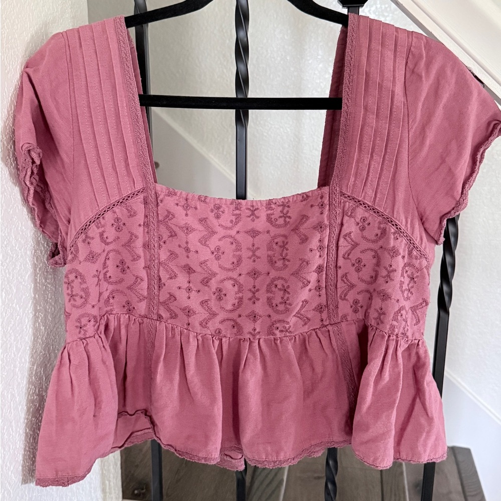 American Eagle Outfitters Mauve Embroidered Peplum Blouse